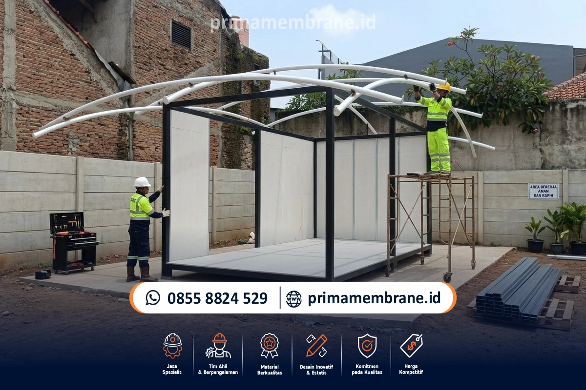 Tahap proses instalasi dan erection struktur pada konstruksi atap membrane