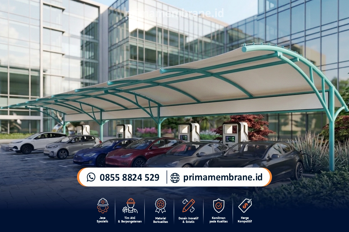 kanopi membrane EV charging SPKLU modern untuk area parkir kendaraan listrik