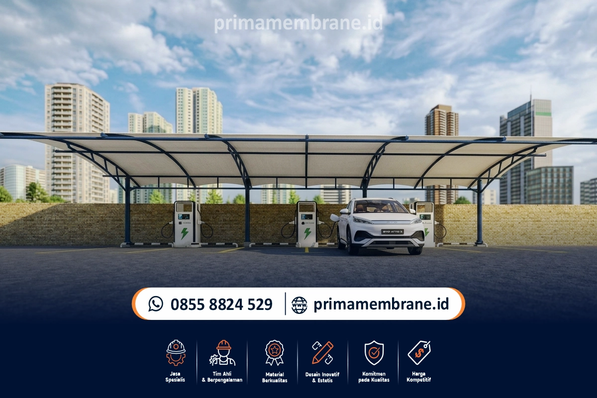 Ilustrasi desain kanopi membrane SPKLU dengan rangka baja galvanis dan atap membrane untuk area pengisian kendaraan listrik